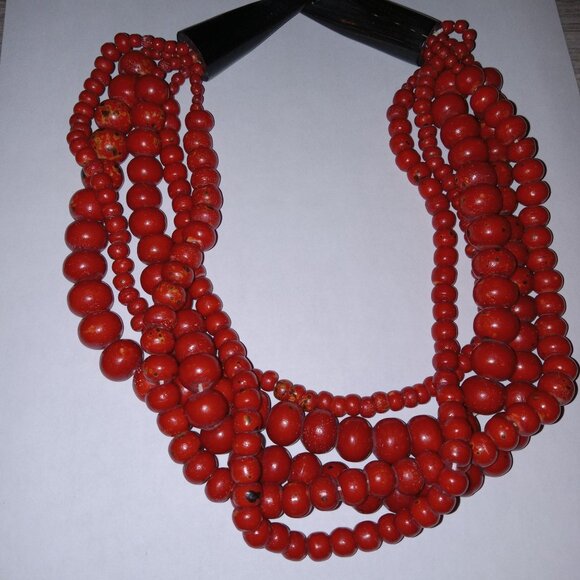Vintage Red Multi-Strand Chunky Bead Necklace With Black Horn Clasp Boho - Picture 3 of 8